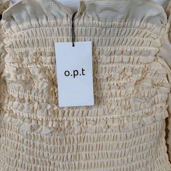 NEW! O.P.T. Luanne Dress Dark Cream Smocked Peasant Mini Dress Lined Size XS - Picture 4 of 11